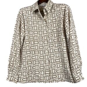 Chaus Womens 10 Long Sleeve Button Down Chain Print Blouse Beige Gold Y2K Chic